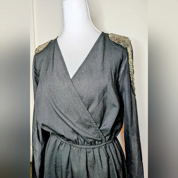 Charlotte Russe Black Beaded Shoulder Dress Long Sheer Sleeve Wrap Elastic Waist - Picture 3 of 7